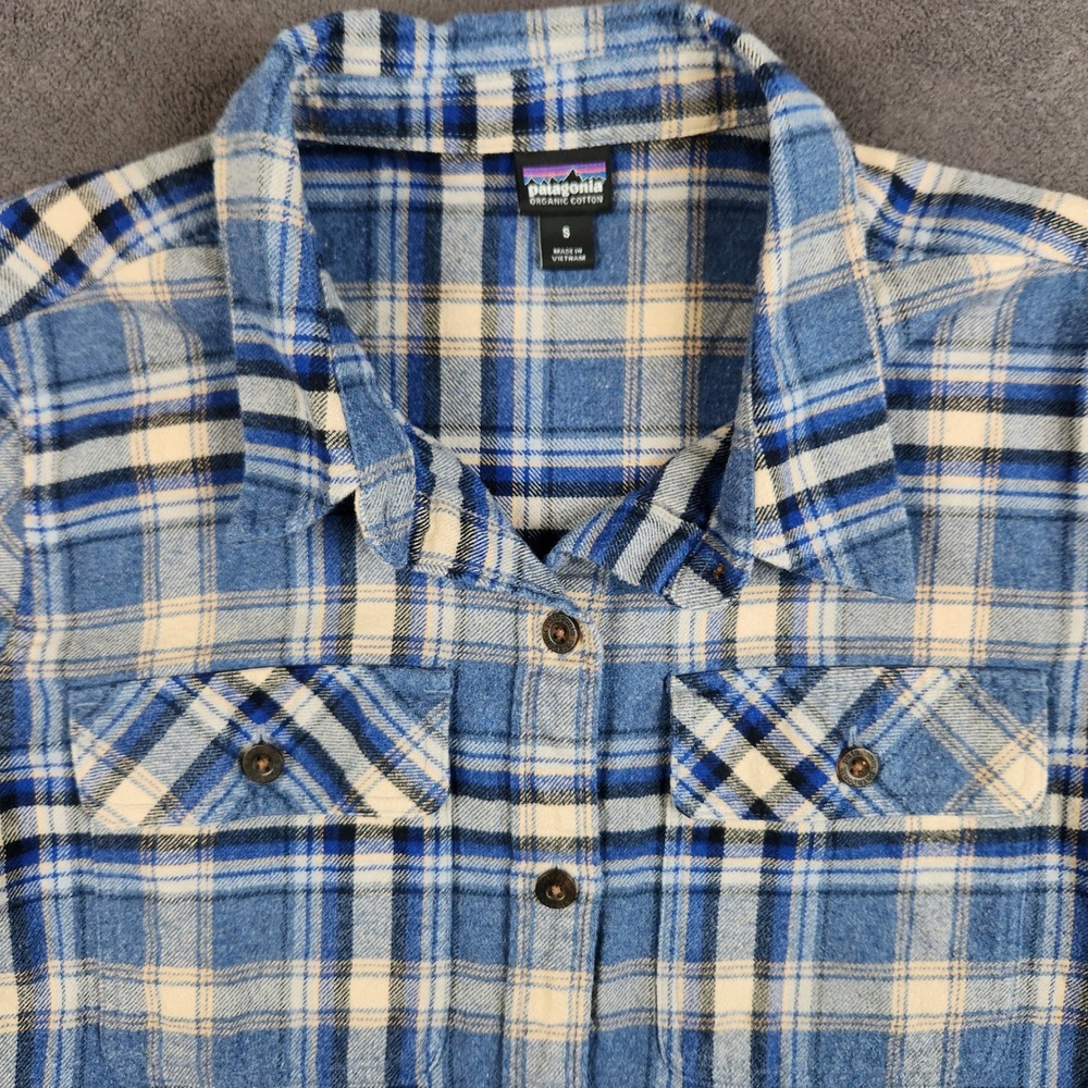 Patagonia Fjord Flannel Shirt Womens Small Blue Plaid Organic Cotton Midweight